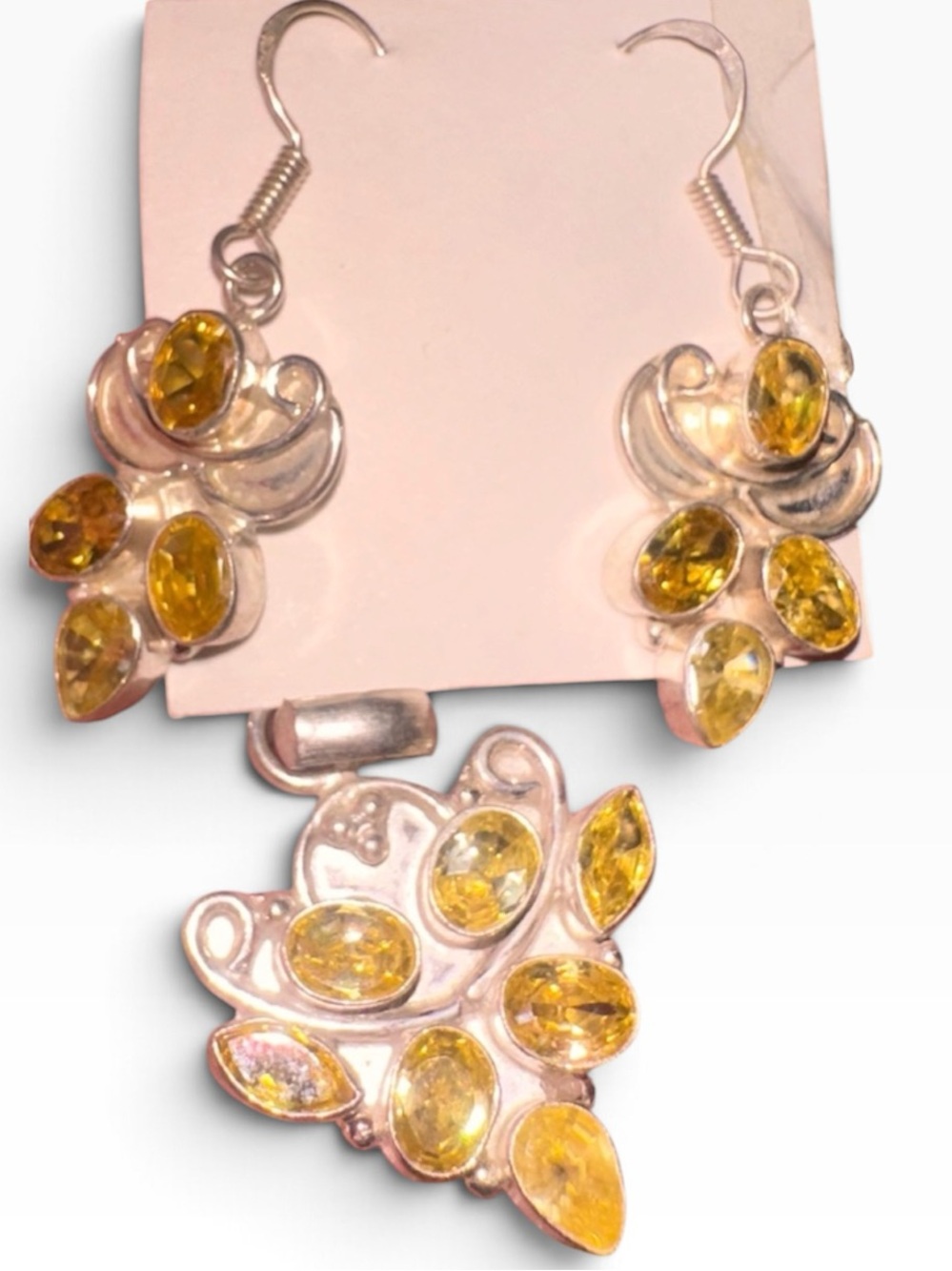 Citrine Crystal Gemstone & Silver Earring Pendant Set